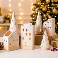 Beeveer 6 Pcs Christmas Ceramic Buildings Decoration, 4.4" to 9.4" White Christmas Tree & Houses Tealight Candle Holders Centerpiece Set for Winter Holiday Village Tabletop Mantel by Beeveer