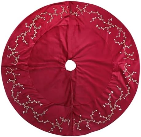 Bunny Chorus Christmas Tree Skirt, 60 inches Classic Large Velvet Fur Plush Red Tree Skirt, Baroque Tree Skirts with Gold Embroidered Pearls and Crystals for Merry Christmas - Image 3
