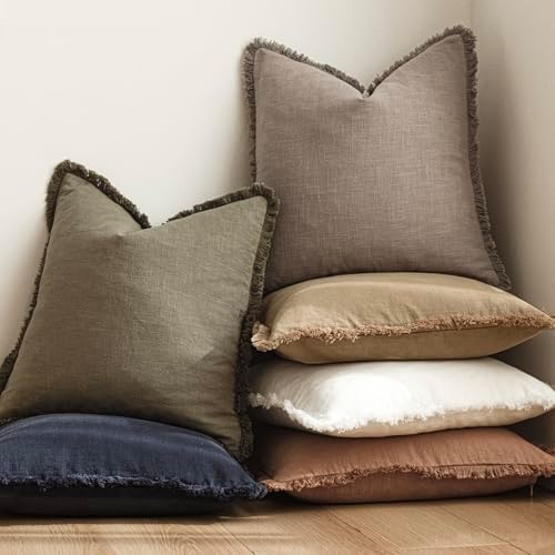 Foindtower Decorative Linen Fringe Throw Pillow Covers 26×26 Inch,Brown Tan - Image 6
