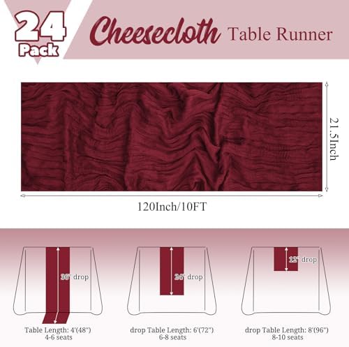 24 Pack Burgundy Table Runner 10Ft Cheesecloth Table Runner Rustic Gauze Table Runners Romantic Long Sheer Fabric Cheese Cloth Table Runners for Wedding Party Bridal Baby Shower - Image 2