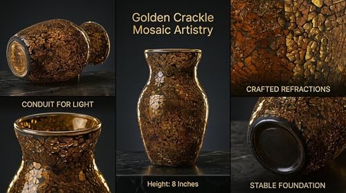 8" Amber Mosaic Vase with Gold Accents, Hand-Pasted Byzantine Glass Flower Vase, Vintage Decorative Centerpiece for Living Room, Foyer & Office - Image 3
