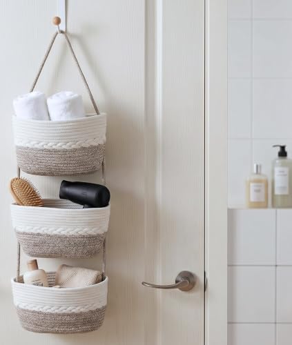 Over the Door Hanging Basket for Organizing 3 Tiers Woven Cotton Rope Wall Mount Storage basket Decorative Kitchen Hanging Organizer Bathroom include 1door hook MixedBrown - Image 4