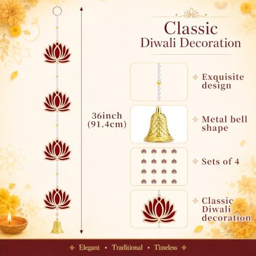 Wonderjune 4 Pcs Diwali Lotus Garland Wooden Hanging Decor for Pooja,Wall - Image 2