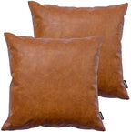 Faux Leather Throw Pillow Covers 22x22 inch, Set of 2 Thick Cognac Brown Modern Solid Decorative Square Minimalist Cushion Cases for Couch Bed Sofa by HOMFINER