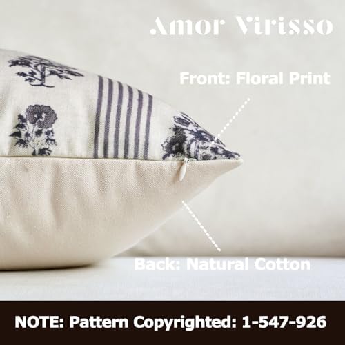 Amor Virisso Floral Throw Pillow Covers 20x20 Set of 2 Block Print Pillow Covers Neutral Floral Striped Farmhouse Decorative Pillow Covers for Sofa Couch Bed, Light Taupe - Image 2