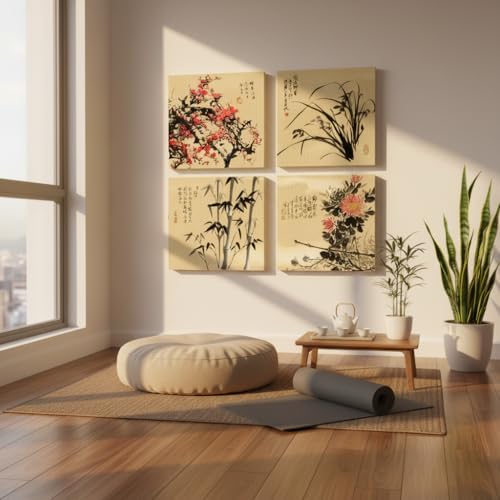 4 Pcs Chinese Canvas Wall Art Decor, Plum Bamboo Orchid, 12x12 Inch Framed - Image 5