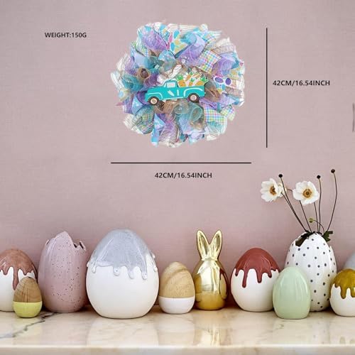 Easter Wreaths for Front Door with Lights,Easter Door Wreath,Easter Mesh Wreath,Bunny Spring Colorful Easter Decorations Holiday Ornament for Home Indoor Outdoor Supplies (Blue Car) - Image 7