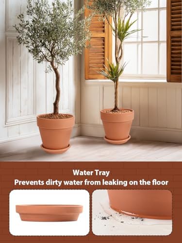 INGOFIN 12 Inch Terracotta Pot Set of 2 with Saucer - Ceramic Clay Pot for Plants with Drainage Hole, Large Terra Cotta Flower Planter with Tray for Indoor Outdoor Plants - Image 4