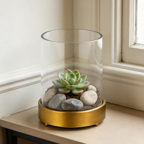 5" Wide Glass Hurricane Candle Holders and Glass Vase with Minimalism Metal Base in Antique Brass, Handmade and Sturdy Glass, Pillars, Flower Arrangement, Centerpiece, Dining Table, Console, Mantel - Image 4