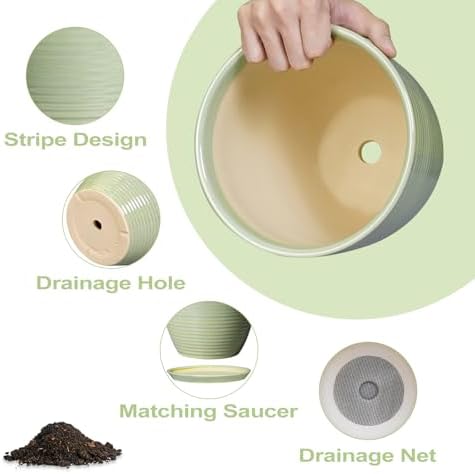 Ceramic Pots for Plants - Modern Round 8 Inch Planter with Drainage Hole and Plant Saucer for Flower Indoor Outdoor, Home Decor, House Warming Gifts, Green - Image 5