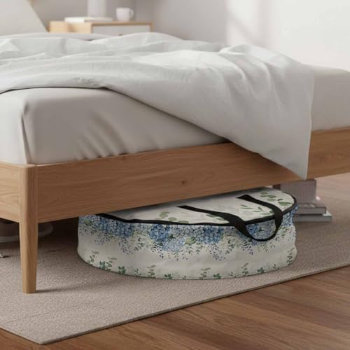 24 Inch Round Storage Bag 1 Pack,Blue Hydrangea Flower Green Eucalyptus Leaves Waterproof Wreath Storage Container with Handles&Zipper Retro Linen Closet Organizer Bags Garland Box - Image 6