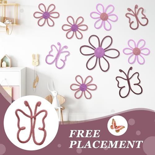 Wesiti 9 Pcs Boho Nursery Decor 3 Size Daisy Flower and Butterflies Woven Macrame Wall Hanging for Home Nursery Bedroom Dorm Wall Art(Fresh Color) - Image 4