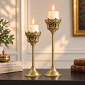 CROWSONG Tall Pillar Candle Holders Set of 2 – Baroque Crown Design | Antique Gold Iron, 14.2" & 11.8" | Victorian Mantel & Centerpiece Décor (Candles Not Included) by CROWSONG