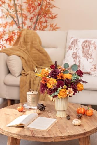 TINGE TIME Fall Artificial Flower Combo, Rose Dahlia Burgundy Burnt Orange - Image 3