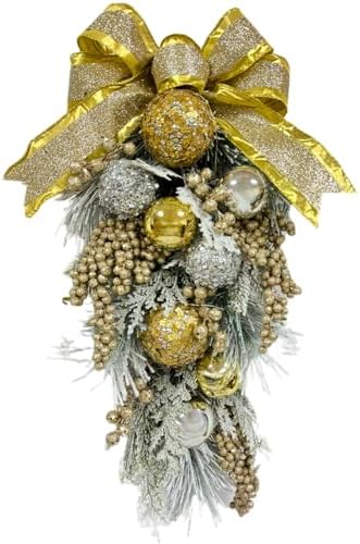 24 Inch Lighted Christmas Teardrop Wreath with Timer and Ornaments by Unknown