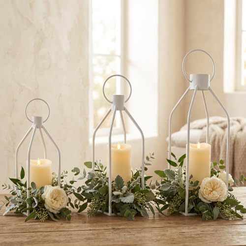 Decorative Lanterns Set of 3-19/16/13 Inch White Metal Indoor Lanterns Decorative with Flickering LED Candles, Front Entrance Decor for Farmhouse Wedding Christmas Home Decor by kehail