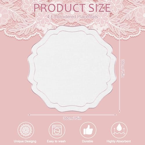 4 Sets Ribbon Twirl Cotton Linen Placemats, 15 inch Embroidery Round Cloth Table Mats with Pink Scalloped Edge Washable Fabric Place Mats Flower Shape for Wedding Baby Shower Party Table Decor - Image 2