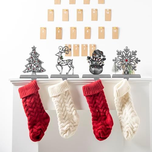 4 Pack Christmas Stocking Holder Set for Mantle Christmas Holiday Decorations Mantle Fireplace Topper Snowflake Snowman Reindeer and Christmas Tree Hangers Decorative Metal Hanger(Gray) - Image 7