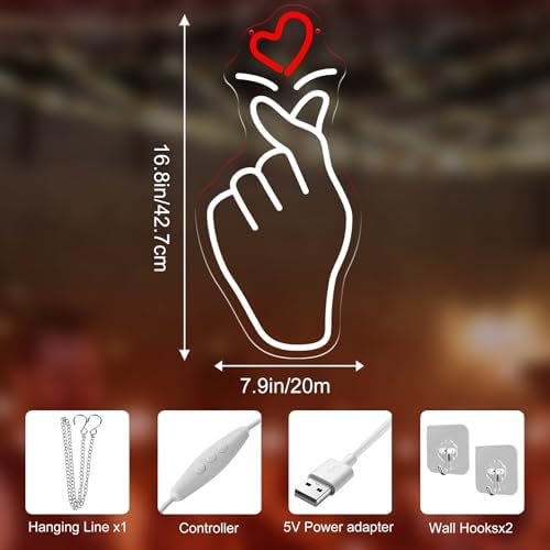 Finger Heart Neon Sign 16.8x7.9in LED Wall Light USB Powered Dimmable - Image 6