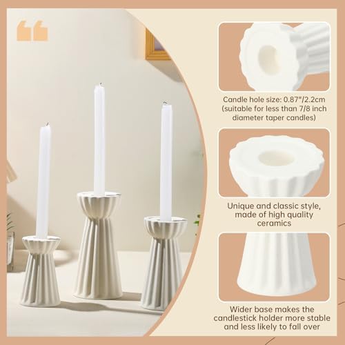Honeydak Set of 3 Ceramic Taper Candle Holder Cream White, Matte Fluted - Image 5