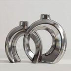 Set of 2 Silver Ceramic Vases for Home Decor Accents - Unique Hollow Donut Artistic Design Modern Contemporary Glam Style Decorative Vases for Shelf, Mantel, Entryway Table Decor (Matte Silver) by Jonronboci