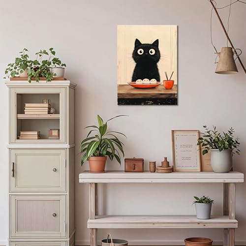 XYHYRA Framed Vintage Funny Black Cat Kitchen Wall Art, Cute Cartoon Cat with Rice Balls Canvas Print Painting, Japanese Food-Inspired Poster Picture for Dining Room Cafe Coffee Nook Decor 16x24 inch - Image 6