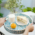PEMAR 12.6” Mother of Pearl Round Serving Tray with Handles, Decorative Nacred Wooden Ottoman Coffee Table Tray (Teal Floral Pattern) - Image 3