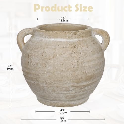Briful Rustic Farmhouse Vase with Handles, 7.4" Ceramic Vases for Tabletop - Image 3