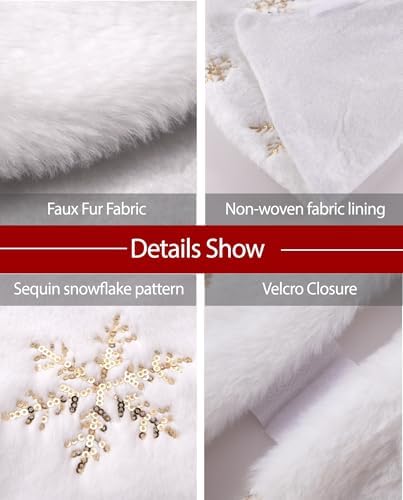 Christmas Tree Skirt, 36-Inch White Faux Fur Tree Skirt with Sparkling Gold Sequin Snowflakes, Quality Xmas Decorations for 4FT-6FT Christmas Trees - Perfect for Christmas Home Decor - Image 4