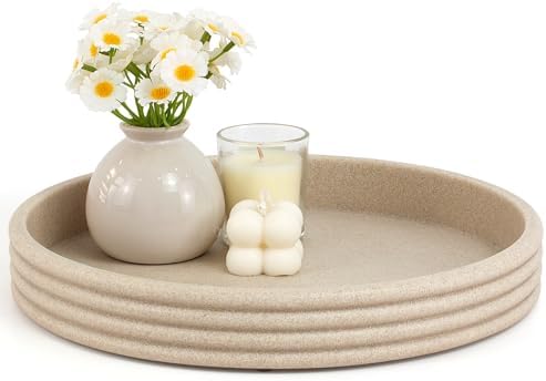 Round Decorative Tray, Modern Coffee Table Tray Decor 11" Resin Beige Tray by YMXYJM