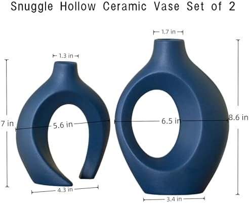 Levvohd Snuggle Hollow Ceramic Vase Set of 2, 8.4 inch Modern Nordic Coastal Shaped Pampas Grass Aesthetic Decorative Table Vases for Home Decor (Matte Navy Blue - M) - Image 2
