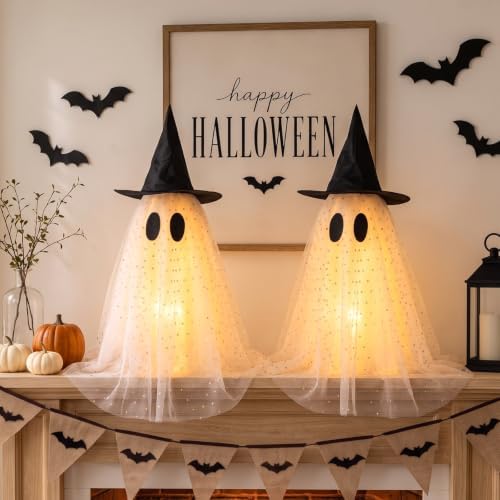 SiliFine 2 Pack Halloween Light up Ghost Decorations with Witch Hats, White by SiliFine