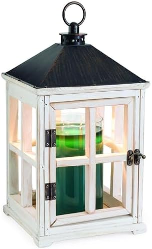 Candle Warmers Etc. White Wooden Farmhouse Candle Warmer Lantern – for Top-Down Warming & Flame-Free Fragrance by CandleWarmersEtc
