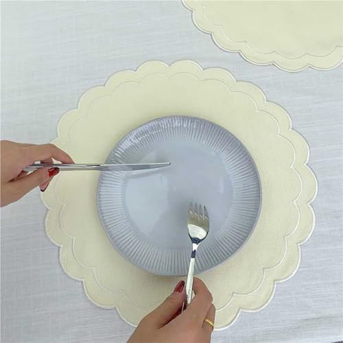 Linen Cotton Placemats Set of 4 Scalloped Flower Embroidery Place Mats 15'' Natural Linen Texture Fabric Machine Washable Table Mats for Restaurant Kitchen,Table Decor(Butter Yellow) - Image 6