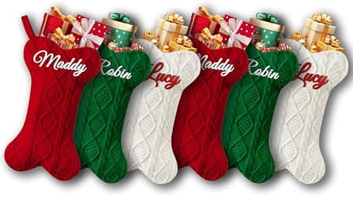 Personalized Dog Christmas Stockings 9 Pack, Custom Name Knitted Christmas Stockings, 16.9” Large Xmas Stocking for Dogs Cats Pets, Bone Shape Fireplace Hanging Holiday Xmas Party Decoration by Bianspz