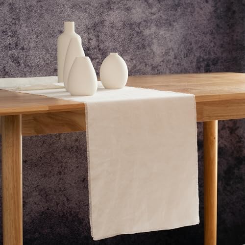 Linen Table Runner with Fringe Off-White 14x108 Inch - Image 2