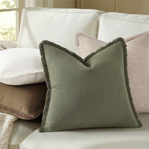 decorUhome Linen Fringe Olive Green Throw Pillow Covers 24x24 Set of 2 - Image 4