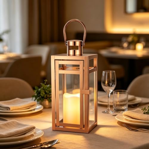 TRIROCKS Stainless Steel Decorative Lantern 12'' High Metal Candle Holder with Tempered Glass Perfect for Home Decor Living Room Parties Events Tabletop Indoors Outdoors (Rose Gold) - Image 5