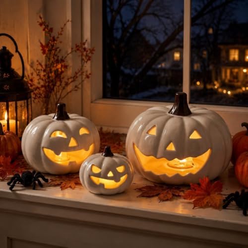 Set of 3 Halloween Decor Ceramic Pumpkins Lighted Jack O Lanterns - Image 6