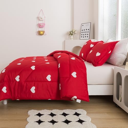Caressma Love Queen Comforter Set - Romantic White Heart Print Red Bedding Comforter 3 Pieces Matching Pillowshams - Image 5