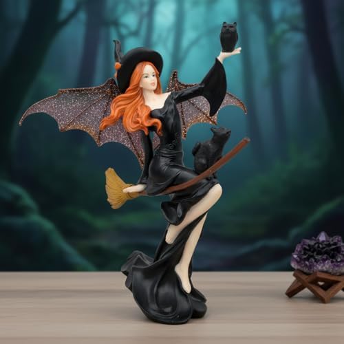 Comfy Hour 9 Inch Dark Fairy Witch Figurine, Sorceress Statue with Black Cat on Broom, Gothic Shelf Decor, Hand-Painted Polyresin Fantasy Sculpture, 1 Piece - Image 5