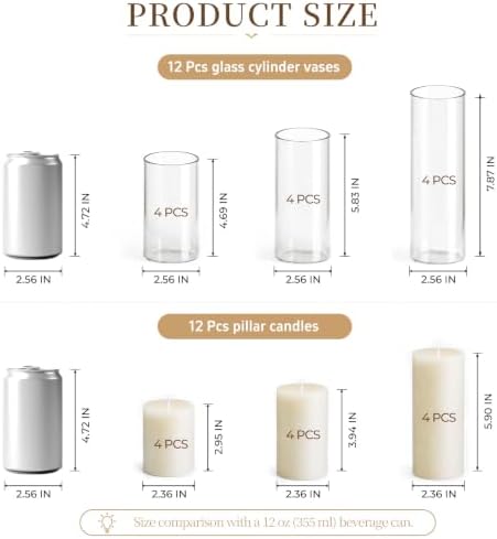 White Pillar Candles and Hurricane Glass Candle Holders, 24 PCS - Image 3
