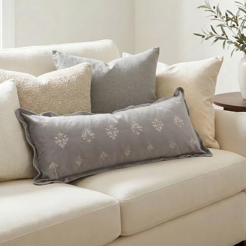 BlissBlush Long Lumbar Pillow Cover 14x36 for Bed, Light Gray Velvet Decorative Lumbar Pillow Cover, Floral Accent Cushion Cover with Embroidery and Scalloped Edge for Couch Sofa Bed, Cover ONLY - Image 5