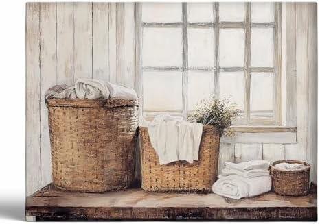 Laundry Basket Art,Rustic Farmhouse Laundry Room Decor,Laundry Baskets Painting,Antique Laundry Painting,Vintage Farmhouse Decor,Country Rustic Cottage Core Decor24x36inch Framed Art by Unknown