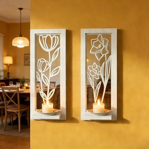 ZEXUIRU 2 Set Rustic Candle Sconces Living Room Bedroom Entryway Wood Mirrored, Farmhouse, Carved Frame Wall-Mount Wooden Candle Holders Wall Decor Hanging Handmade Holder - Distressed White - Image 2