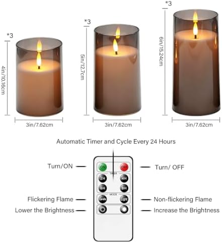 kakoya Flickering Flameless Candles Battery Operated with Remote and 2/4/6/8 H Timer Acrylic Led Pillar Candles Pack of 9 (D 3" xH 4" 5" 6") with Realistic 3D Wick Candles for Home Decor(Grey) - Image 5