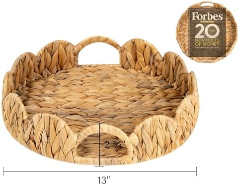 StorageWorks Round Scalloped Tray, Wicker Rattan Serving Tray with Handles - Image 3