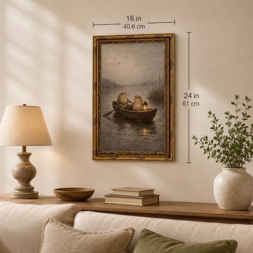 Gold Framed Two Frogs Boat Wall Art, Cottagecore Canvas Print, 24x16 - Image 5