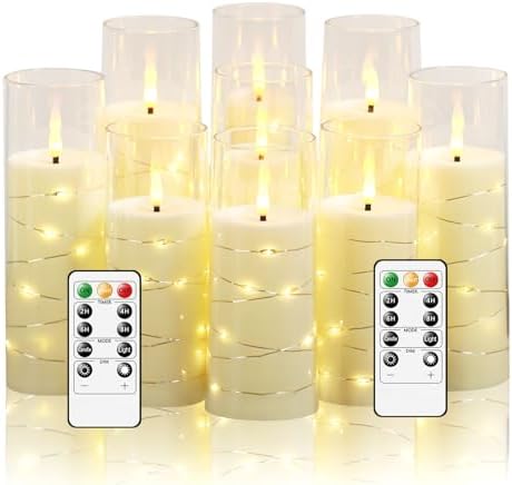 Nimiko Flickering Flameless LED Candles,Battery Operated Candles 9 Pcs with Embedded Star String,Acrylic LED Pillar Candles with Remote,Suitable for Home Decoration to Create an Atmosphere (Ivory) by Nimiko