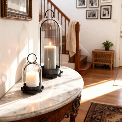 Hurricane Glass Candle Holders for Pillar Candles Set of 2 (5" & 4" Wide), Black Metal Candlestick Holders, Modern Decorative Centerpiece Lanterns for Table Mantel Wedding Housewarming Gift - Image 6